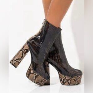 Women’s Platform Ankle Boots in Black with Snake-Print Accents